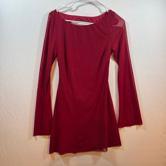 Edikted Dresses & Skirts - Edikted Red Mesh Open Back Mini Dress Long Bell Sleeve S18446 Mens Size M